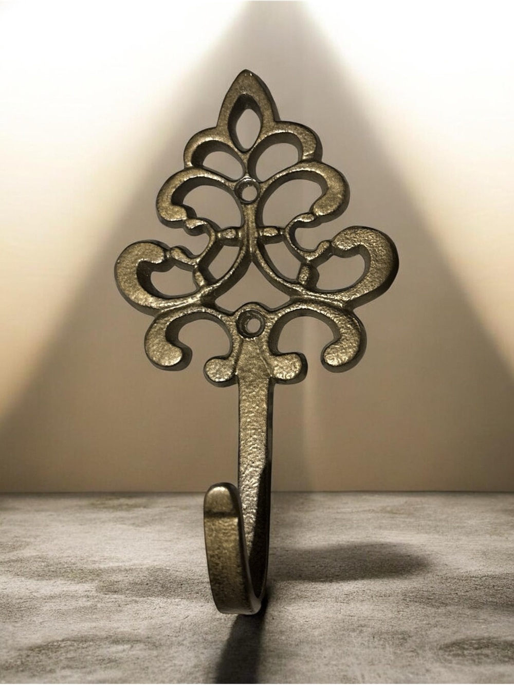 VTG Style Fleur De Lis Faux Cast Iron Wall Hook Gold Bronze Ornate Scrollwork